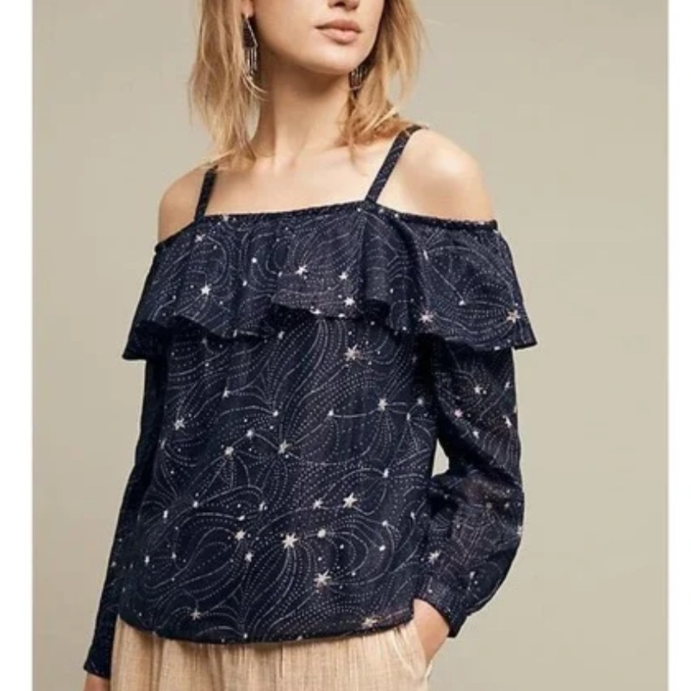 Anthropologie Floreat Cold-Shoulder Starlit Blouse Navy Celestial Embroidery, L